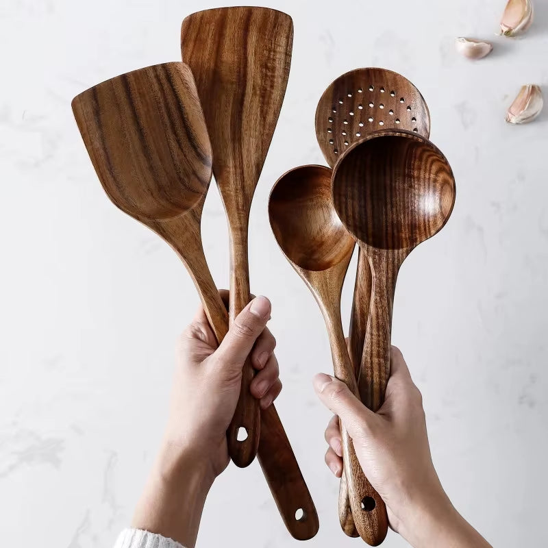 1-7Pc Teak Natural Wood Tableware Spoon Spoon Turner Long Rice Colander Soup Skimmer Cooking Spoon Spoon Kitchen Tool Set