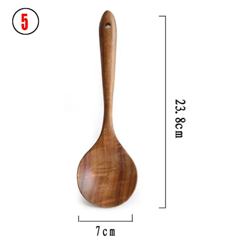 1-7Pc Teak Natural Wood Tableware Spoon Spoon Turner Long Rice Colander Soup Skimmer Cooking Spoon Spoon Kitchen Tool Set