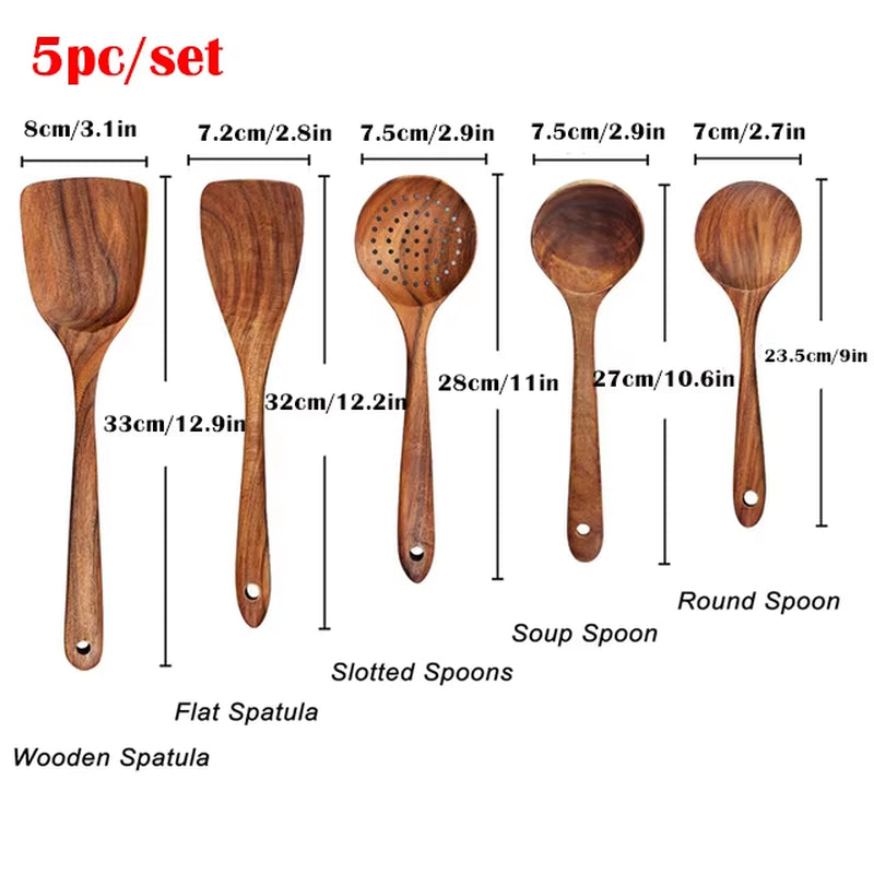1-7Pc Teak Natural Wood Tableware Spoon Spoon Turner Long Rice Colander Soup Skimmer Cooking Spoon Spoon Kitchen Tool Set