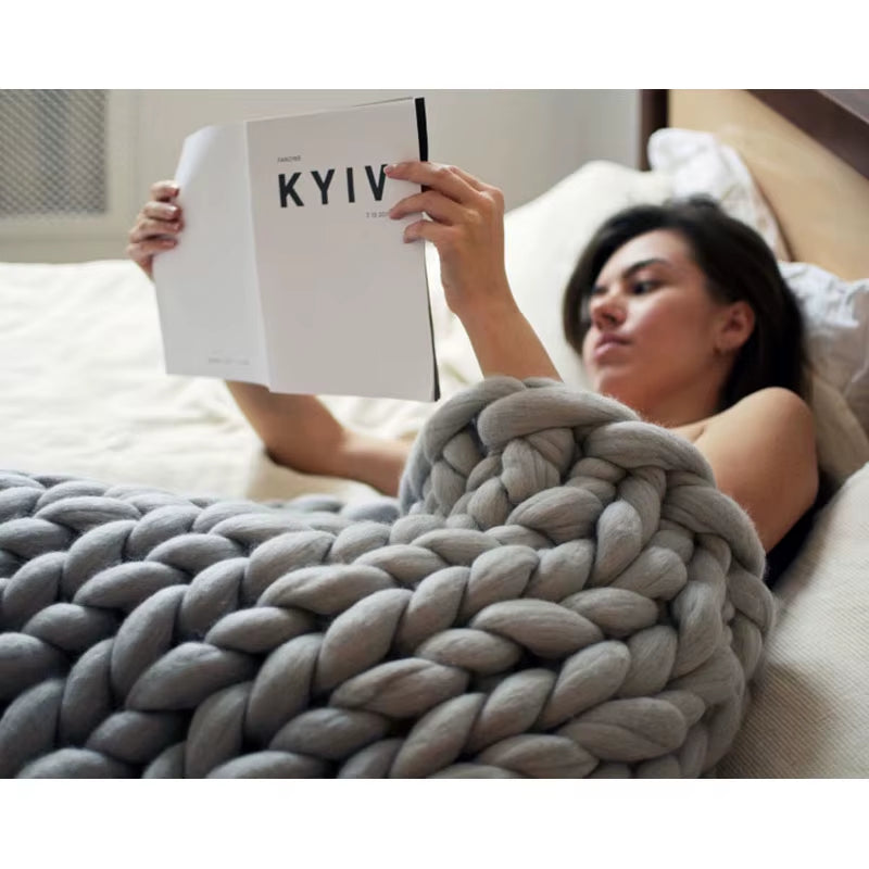 Chunky Merino Wool Blanket Thick Large Yarn Roving Knitted Blanket Winter Warm Plaid Throw Blankets Sofa Bed Blanket