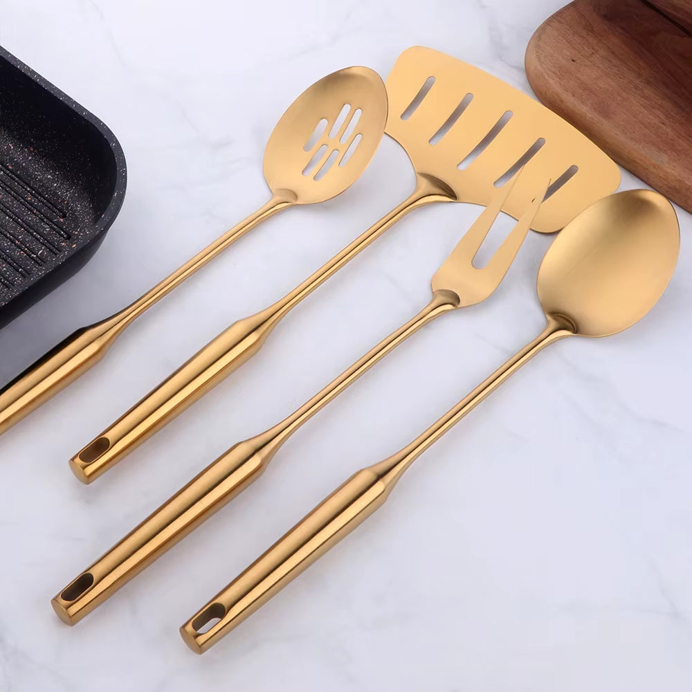 1-10PCS Stainless Steel Cookwarlong Handle Set Gold Cooking Utensils Scoop Spoon Turner Ladle Cooking Tools Kitchen Utensils Set