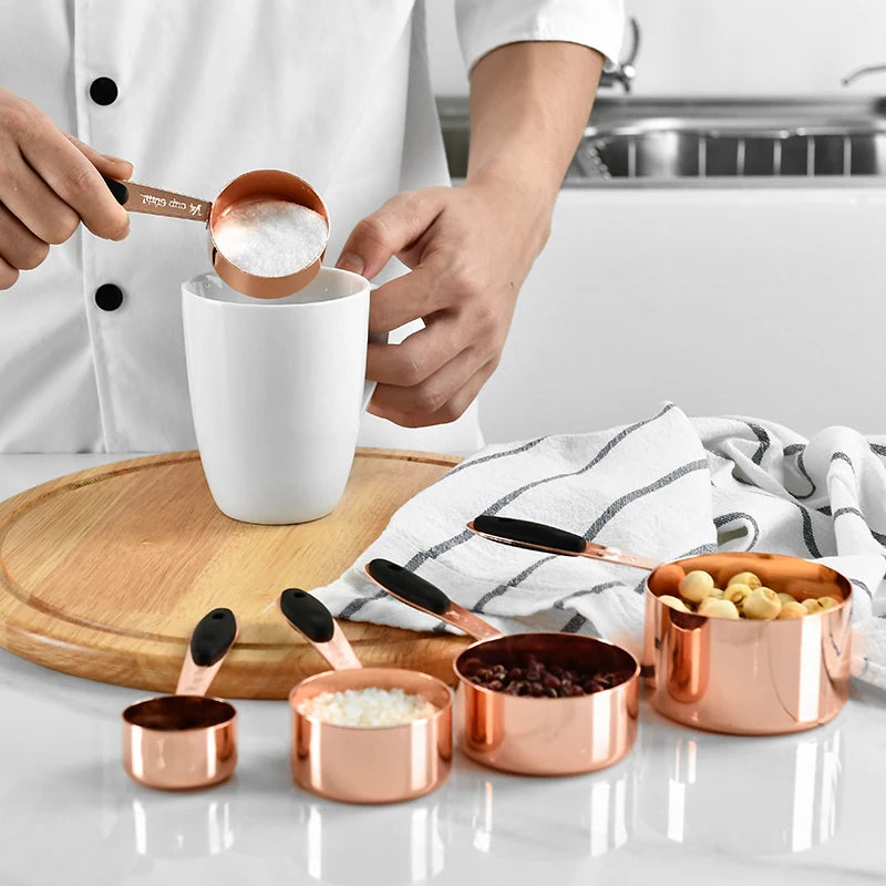 Measuring Cup Stainless Steel Plated Copper Rose Gold Kitchen Accessories Baking Bartending Measuring Spoon Cooking Tools Set