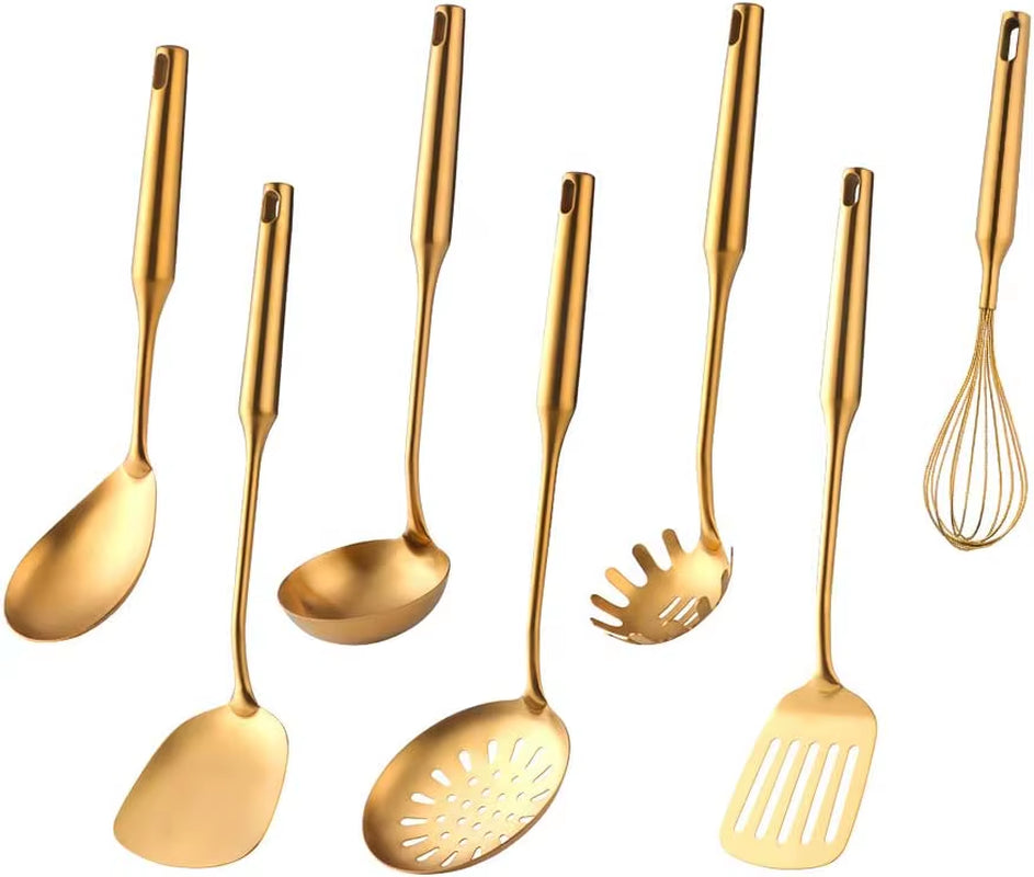 1-10PCS Stainless Steel Cookwarlong Handle Set Gold Cooking Utensils Scoop Spoon Turner Ladle Cooking Tools Kitchen Utensils Set