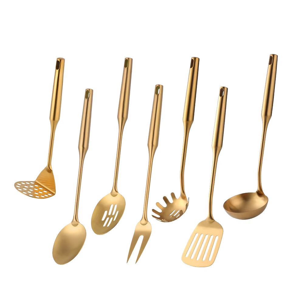 1-10PCS Stainless Steel Cookwarlong Handle Set Gold Cooking Utensils Scoop Spoon Turner Ladle Cooking Tools Kitchen Utensils Set