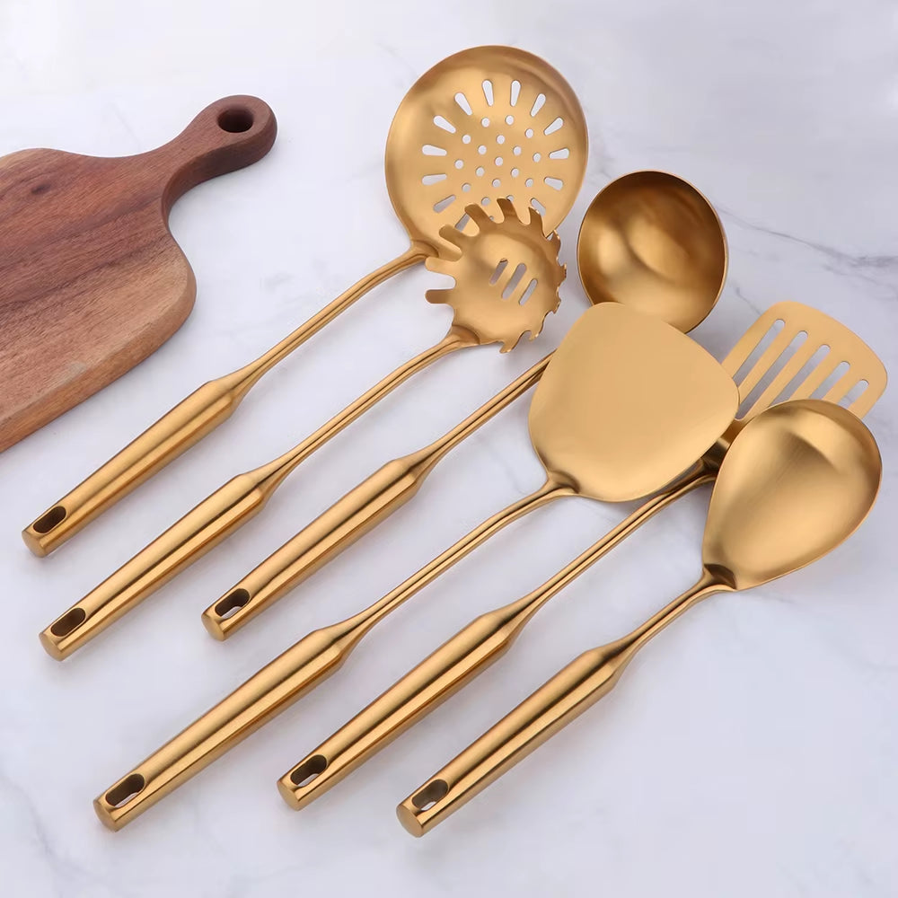 1-10PCS Stainless Steel Cookwarlong Handle Set Gold Cooking Utensils Scoop Spoon Turner Ladle Cooking Tools Kitchen Utensils Set