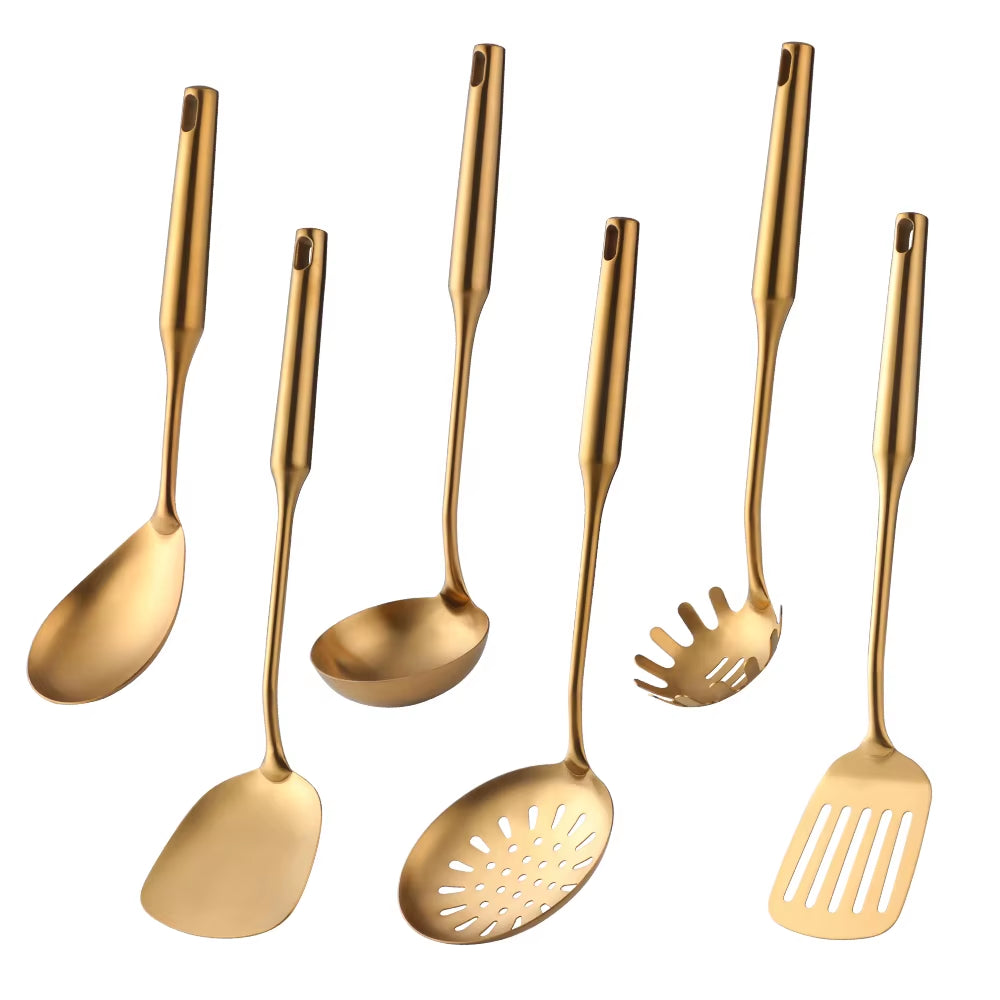 1-10PCS Stainless Steel Cookwarlong Handle Set Gold Cooking Utensils Scoop Spoon Turner Ladle Cooking Tools Kitchen Utensils Set