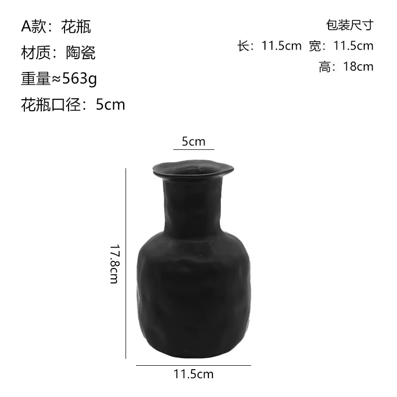 Nordic Ceramic Vase Black Simple Matte Black Porcelain Vase Handmade Art Living Room Model Room Vase Decoration Home Decor