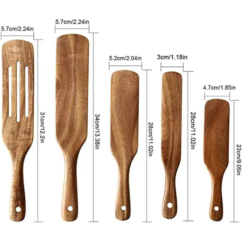 1-7Pc Teak Natural Wood Tableware Spoon Spoon Turner Long Rice Colander Soup Skimmer Cooking Spoon Spoon Kitchen Tool Set
