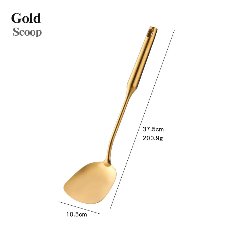 1-10PCS Stainless Steel Cookwarlong Handle Set Gold Cooking Utensils Scoop Spoon Turner Ladle Cooking Tools Kitchen Utensils Set