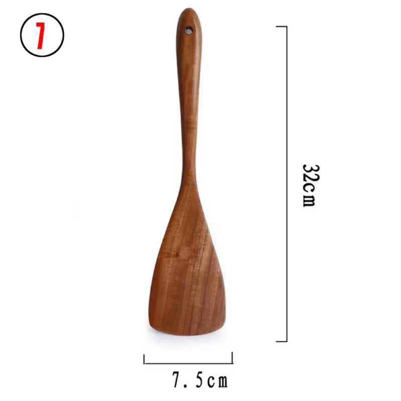 1-7Pc Teak Natural Wood Tableware Spoon Spoon Turner Long Rice Colander Soup Skimmer Cooking Spoon Spoon Kitchen Tool Set