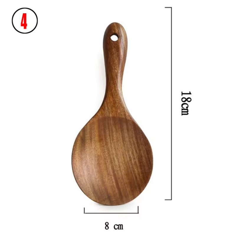 1-7Pc Teak Natural Wood Tableware Spoon Spoon Turner Long Rice Colander Soup Skimmer Cooking Spoon Spoon Kitchen Tool Set