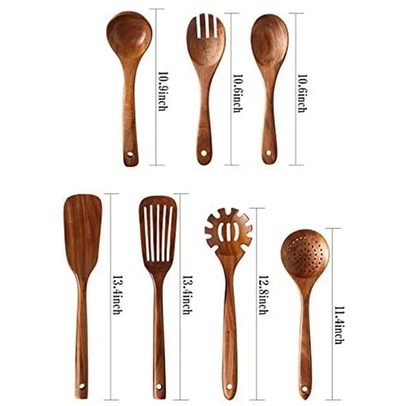 1-7Pc Teak Natural Wood Tableware Spoon Spoon Turner Long Rice Colander Soup Skimmer Cooking Spoon Spoon Kitchen Tool Set