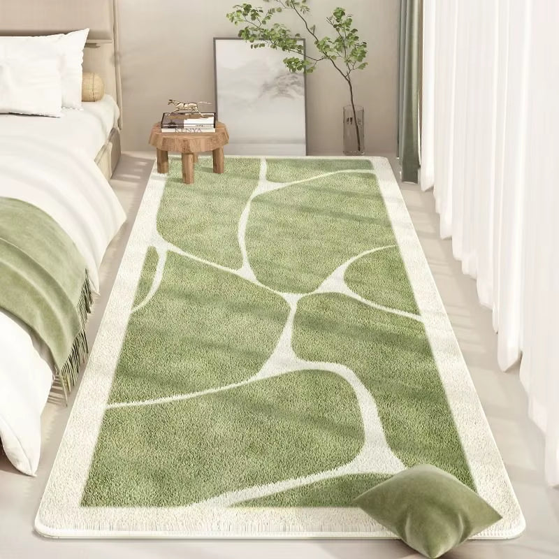 Fluffy Rectangular Bedroom Carpet Soft Bedside Carpet Non-Slip Bedroom Area Rug Artificial Wool Short Pile Carpet Green Striped