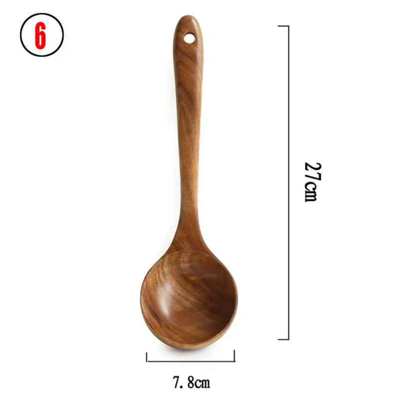 1-7Pc Teak Natural Wood Tableware Spoon Spoon Turner Long Rice Colander Soup Skimmer Cooking Spoon Spoon Kitchen Tool Set