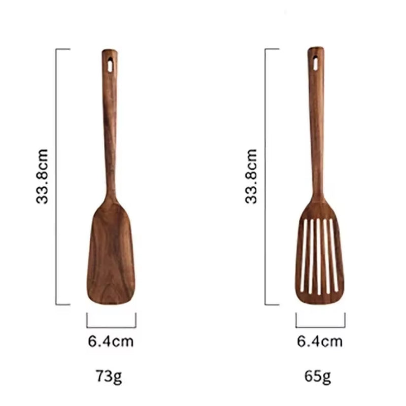 1-7Pc Teak Natural Wood Tableware Spoon Spoon Turner Long Rice Colander Soup Skimmer Cooking Spoon Spoon Kitchen Tool Set