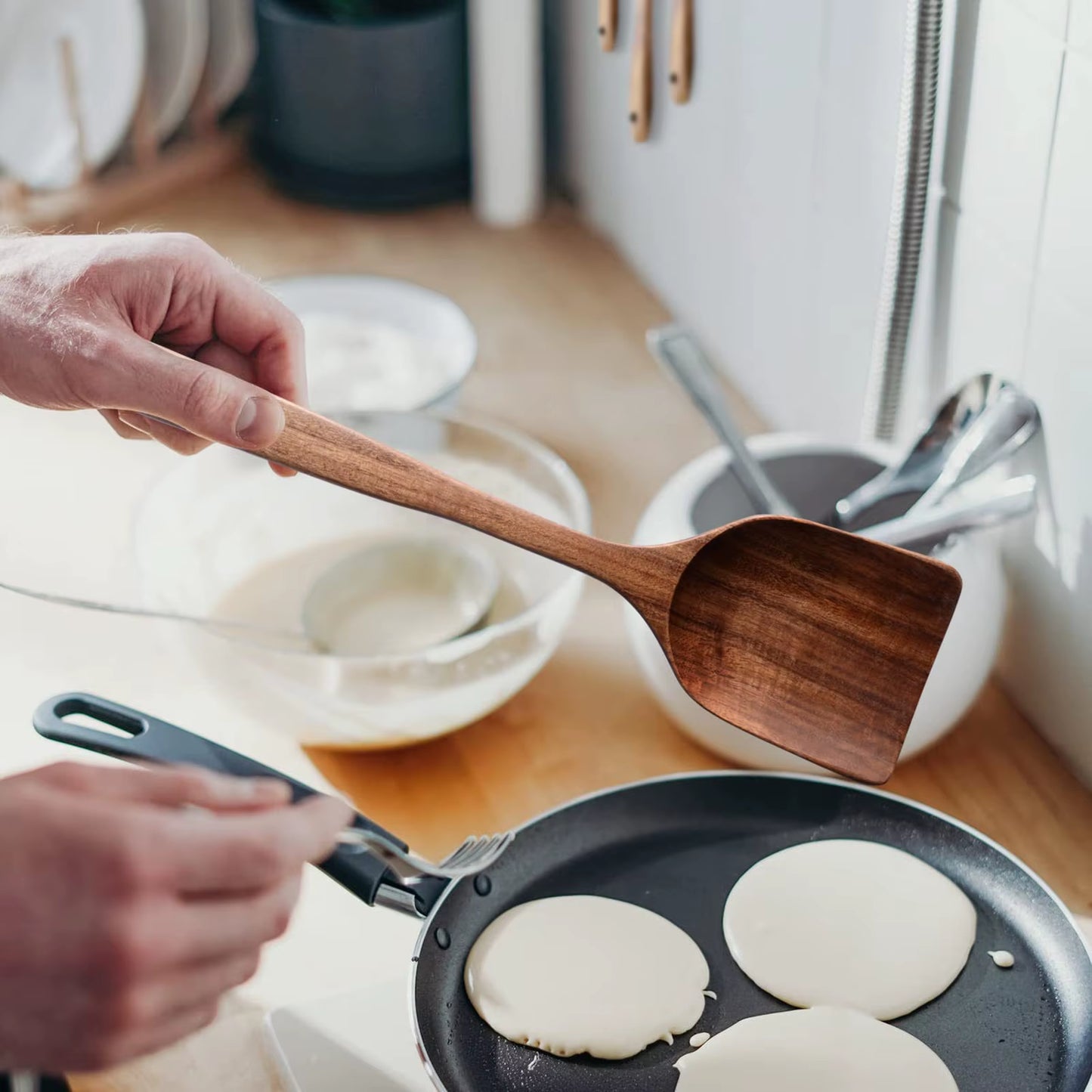 1-7Pc Teak Natural Wood Tableware Spoon Spoon Turner Long Rice Colander Soup Skimmer Cooking Spoon Spoon Kitchen Tool Set