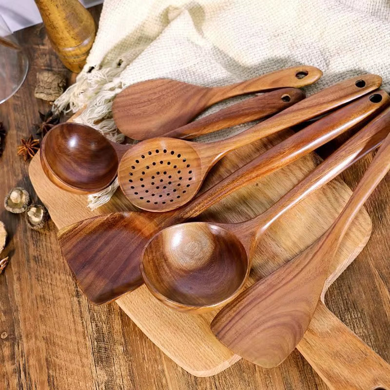 1-7Pc Teak Natural Wood Tableware Spoon Spoon Turner Long Rice Colander Soup Skimmer Cooking Spoon Spoon Kitchen Tool Set