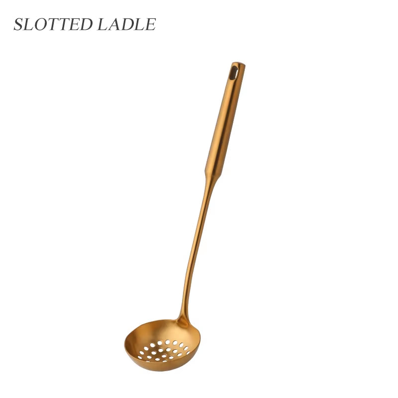 1-10PCS Stainless Steel Cookwarlong Handle Set Gold Cooking Utensils Scoop Spoon Turner Ladle Cooking Tools Kitchen Utensils Set