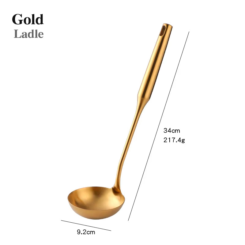 1-10PCS Stainless Steel Cookwarlong Handle Set Gold Cooking Utensils Scoop Spoon Turner Ladle Cooking Tools Kitchen Utensils Set