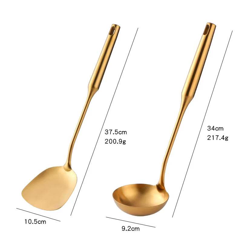 1-10PCS Stainless Steel Cookwarlong Handle Set Gold Cooking Utensils Scoop Spoon Turner Ladle Cooking Tools Kitchen Utensils Set