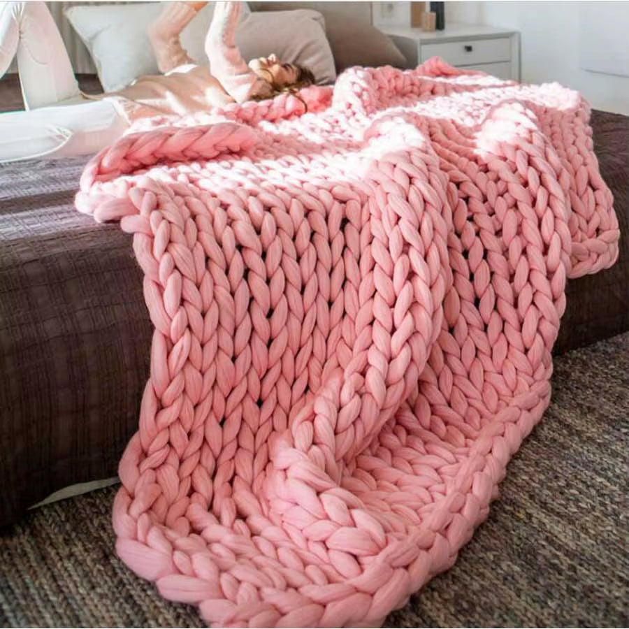 Chunky Merino Wool Blanket Thick Large Yarn Roving Knitted Blanket Winter Warm Plaid Throw Blankets Sofa Bed Blanket