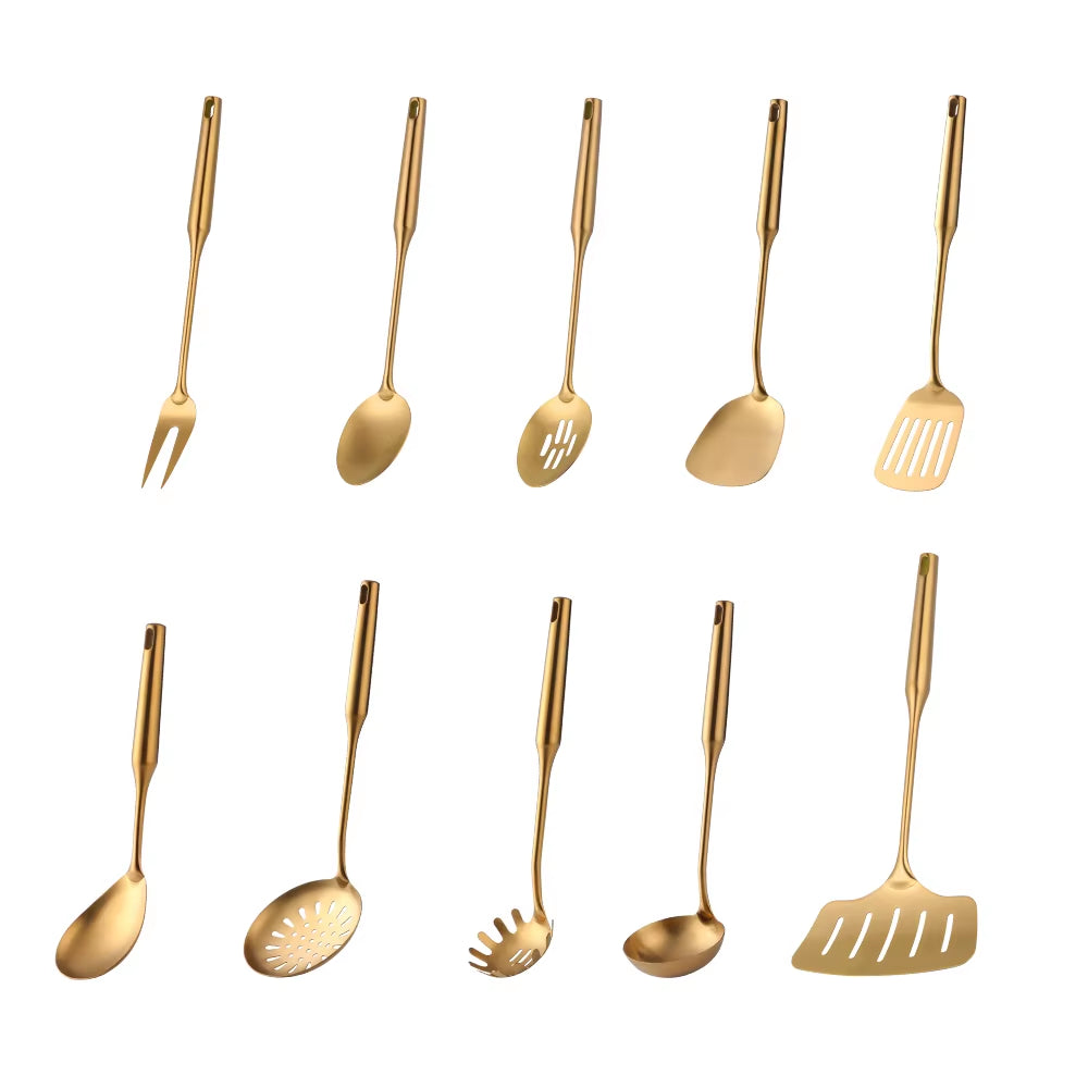 1-10PCS Stainless Steel Cookwarlong Handle Set Gold Cooking Utensils Scoop Spoon Turner Ladle Cooking Tools Kitchen Utensils Set