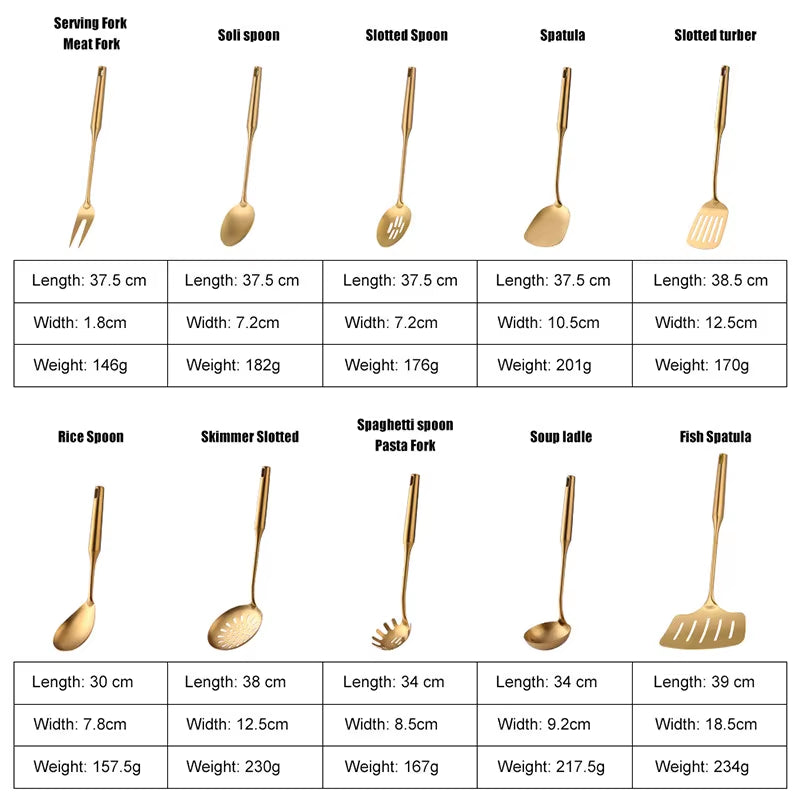 1-10PCS Stainless Steel Cookwarlong Handle Set Gold Cooking Utensils Scoop Spoon Turner Ladle Cooking Tools Kitchen Utensils Set
