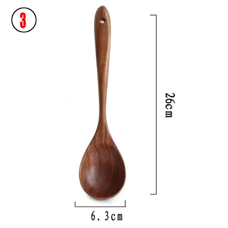 1-7Pc Teak Natural Wood Tableware Spoon Spoon Turner Long Rice Colander Soup Skimmer Cooking Spoon Spoon Kitchen Tool Set