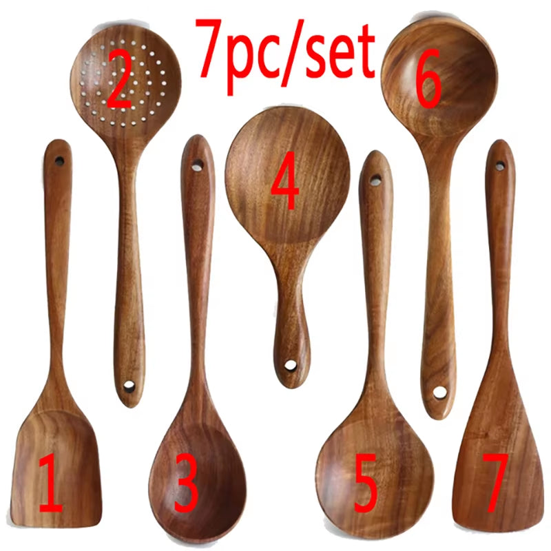 1-7Pc Teak Natural Wood Tableware Spoon Spoon Turner Long Rice Colander Soup Skimmer Cooking Spoon Spoon Kitchen Tool Set