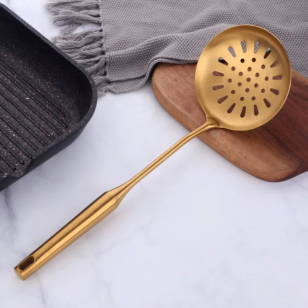 1-10PCS Stainless Steel Cookwarlong Handle Set Gold Cooking Utensils Scoop Spoon Turner Ladle Cooking Tools Kitchen Utensils Set