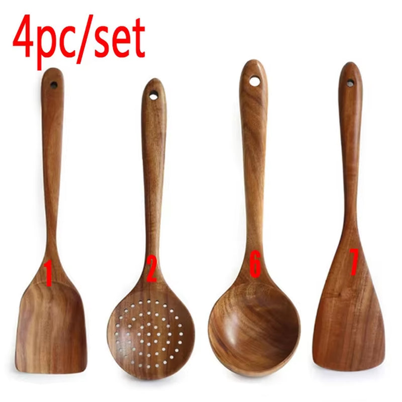 1-7Pc Teak Natural Wood Tableware Spoon Spoon Turner Long Rice Colander Soup Skimmer Cooking Spoon Spoon Kitchen Tool Set