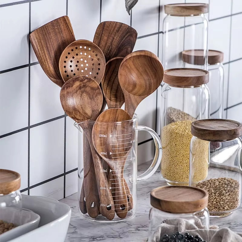 1-7Pc Teak Natural Wood Tableware Spoon Spoon Turner Long Rice Colander Soup Skimmer Cooking Spoon Spoon Kitchen Tool Set