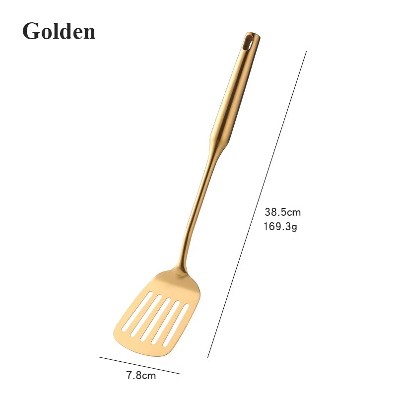 1-10PCS Stainless Steel Cookwarlong Handle Set Gold Cooking Utensils Scoop Spoon Turner Ladle Cooking Tools Kitchen Utensils Set
