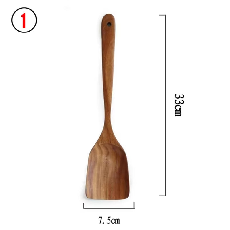1-7Pc Teak Natural Wood Tableware Spoon Spoon Turner Long Rice Colander Soup Skimmer Cooking Spoon Spoon Kitchen Tool Set