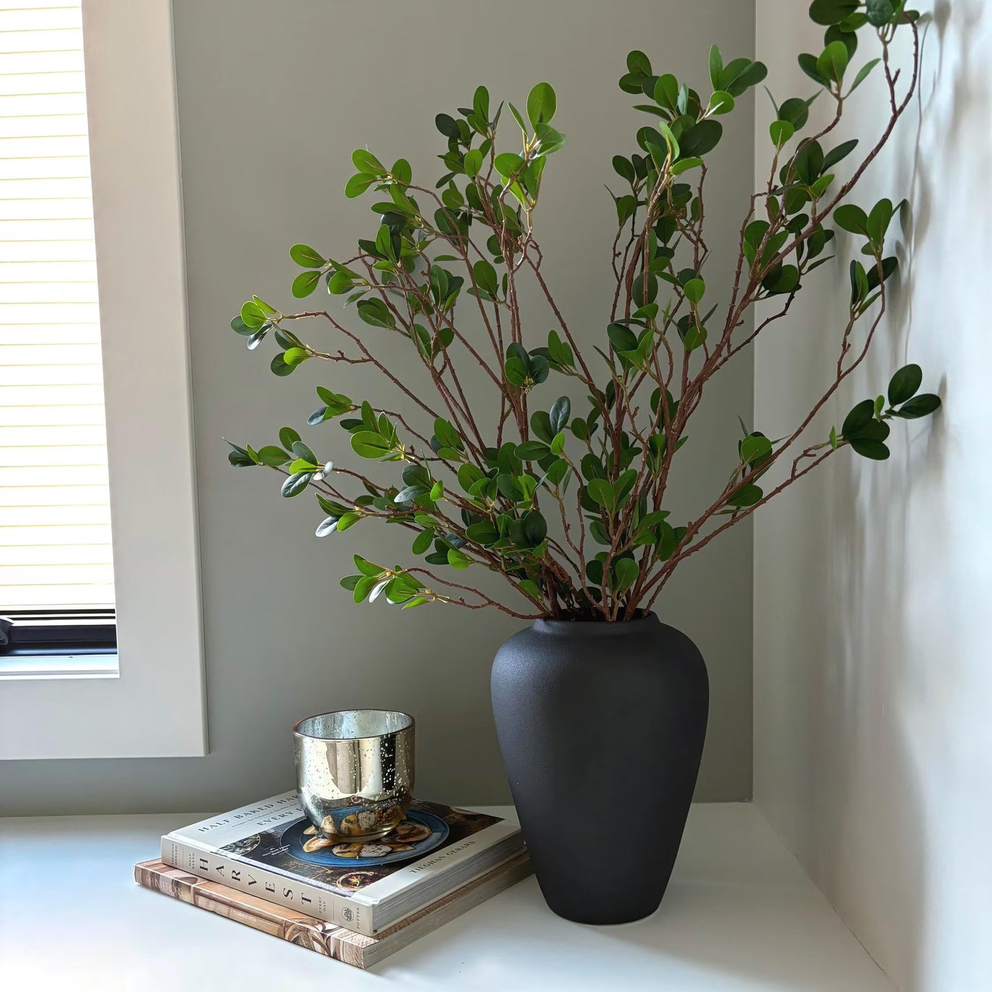Matte Black Ceramic Vase Set with Milan Faux Stems