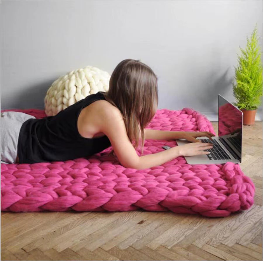 Chunky Merino Wool Blanket Thick Large Yarn Roving Knitted Blanket Winter Warm Plaid Throw Blankets Sofa Bed Blanket
