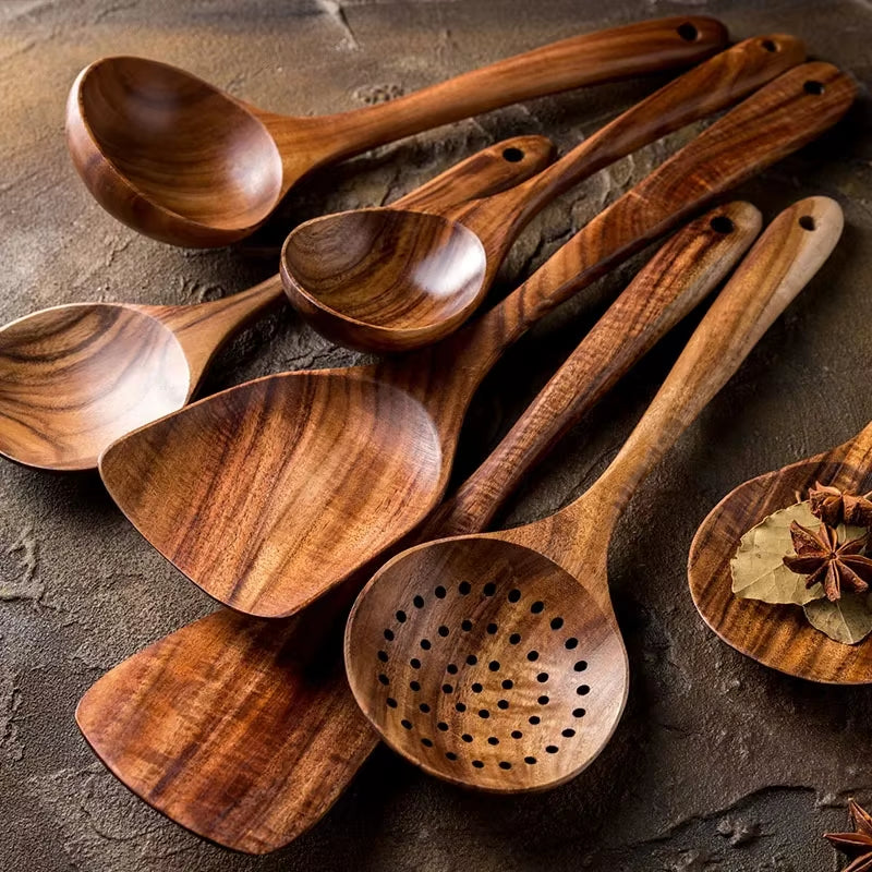 1-7Pc Teak Natural Wood Tableware Spoon Spoon Turner Long Rice Colander Soup Skimmer Cooking Spoon Spoon Kitchen Tool Set