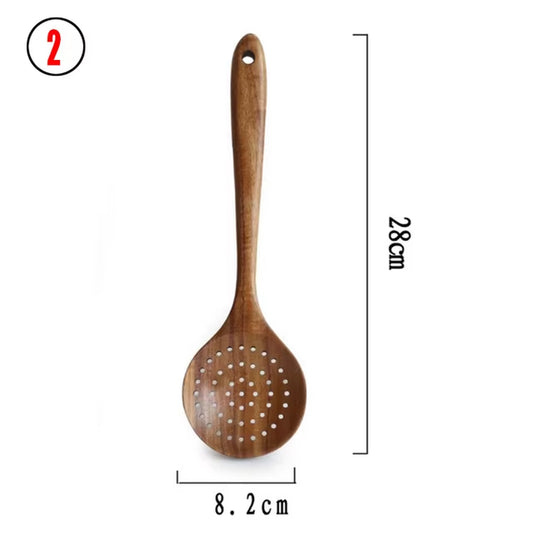 1-7Pc Teak Natural Wood Tableware Spoon Spoon Turner Long Rice Colander Soup Skimmer Cooking Spoon Spoon Kitchen Tool Set