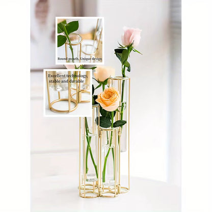 Test Tube Vase with 5 Test Tubes, Gold Vase for Centerpiece, Gold Vase with Metal Stand, Glass Vase for Wedding Home Decoration