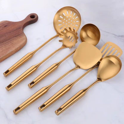 1-10PCS Stainless Steel Cookwarlong Handle Set Gold Cooking Utensils Scoop Spoon Turner Ladle Cooking Tools Kitchen Utensils Set