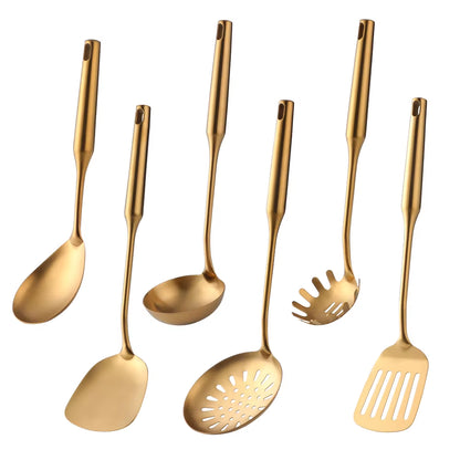 1-10PCS Stainless Steel Cookwarlong Handle Set Gold Cooking Utensils Scoop Spoon Turner Ladle Cooking Tools Kitchen Utensils Set