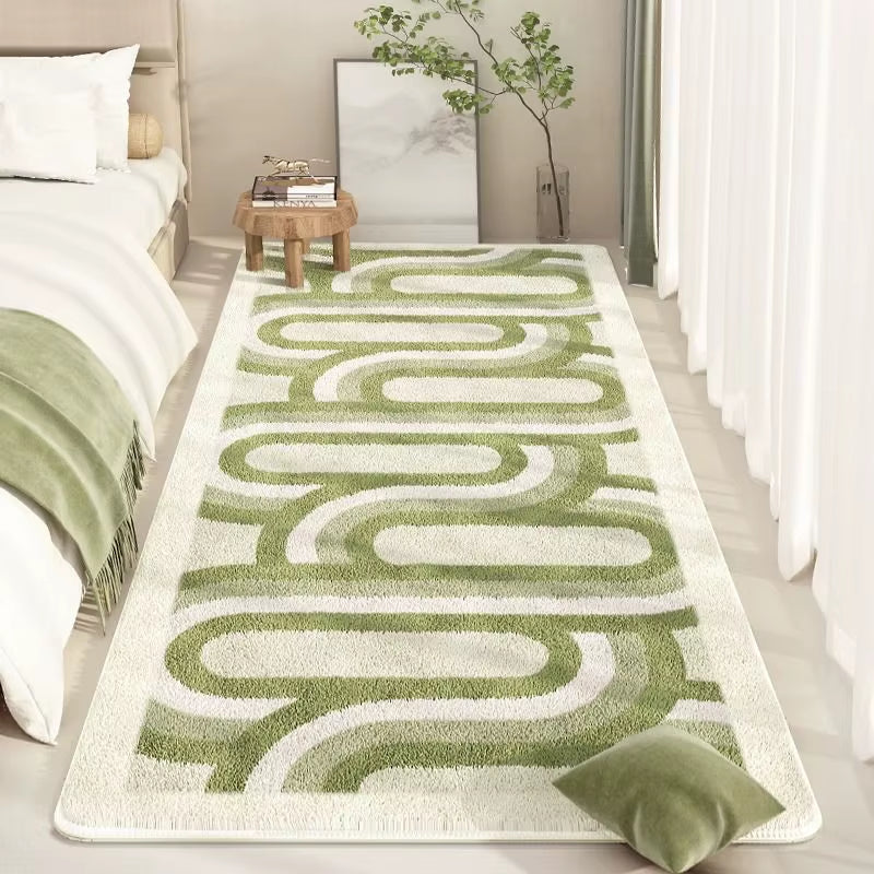 Fluffy Rectangular Bedroom Carpet Soft Bedside Carpet Non-Slip Bedroom Area Rug Artificial Wool Short Pile Carpet Green Striped