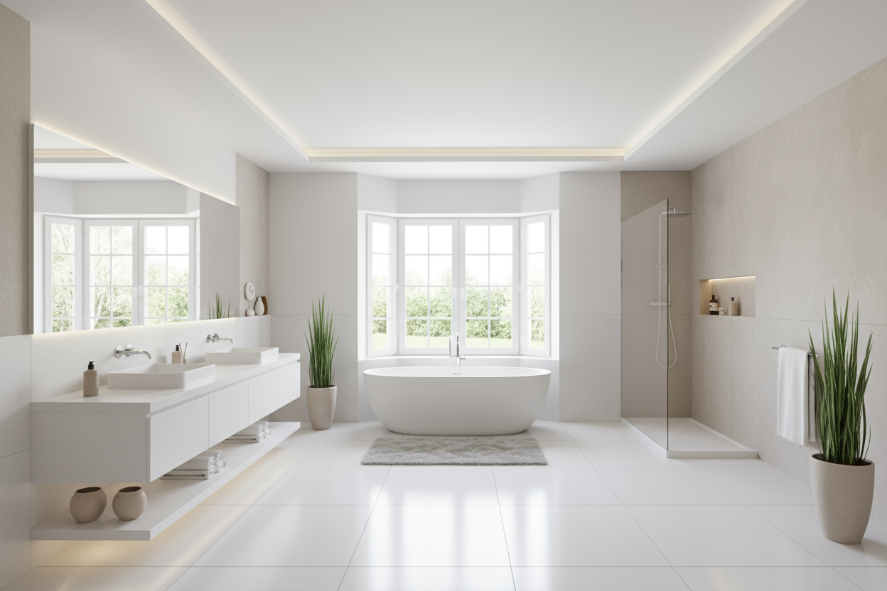 A bathroom large, slick, neutral colors white comfort and style