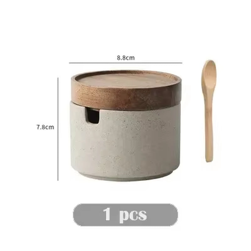 Retro Ceramic Seasoning Jar Pepper Storage Bottle round Ceramic Seasoning Jar with Wooden Lid Salt Pepper Kitchen Tool