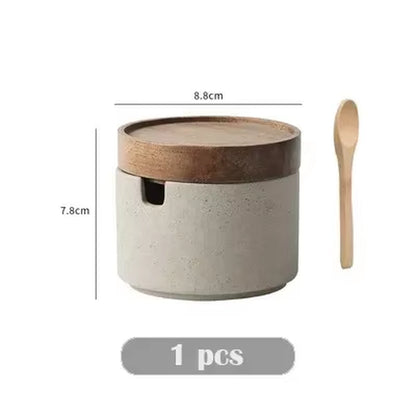 Retro Ceramic Seasoning Jar Pepper Storage Bottle round Ceramic Seasoning Jar with Wooden Lid Salt Pepper Kitchen Tool