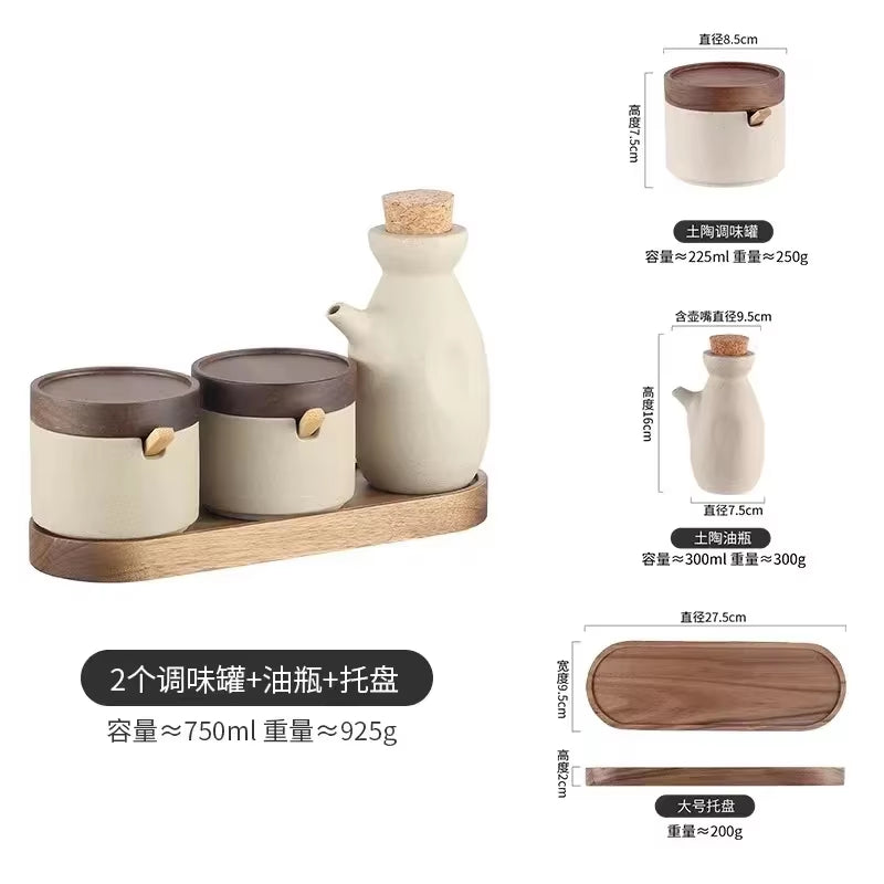 Retro Ceramic Seasoning Jar Pepper Storage Bottle round Ceramic Seasoning Jar with Wooden Lid Salt Pepper Kitchen Tool