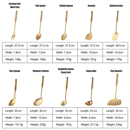 1-10PCS Stainless Steel Cookwarlong Handle Set Gold Cooking Utensils Scoop Spoon Turner Ladle Cooking Tools Kitchen Utensils Set
