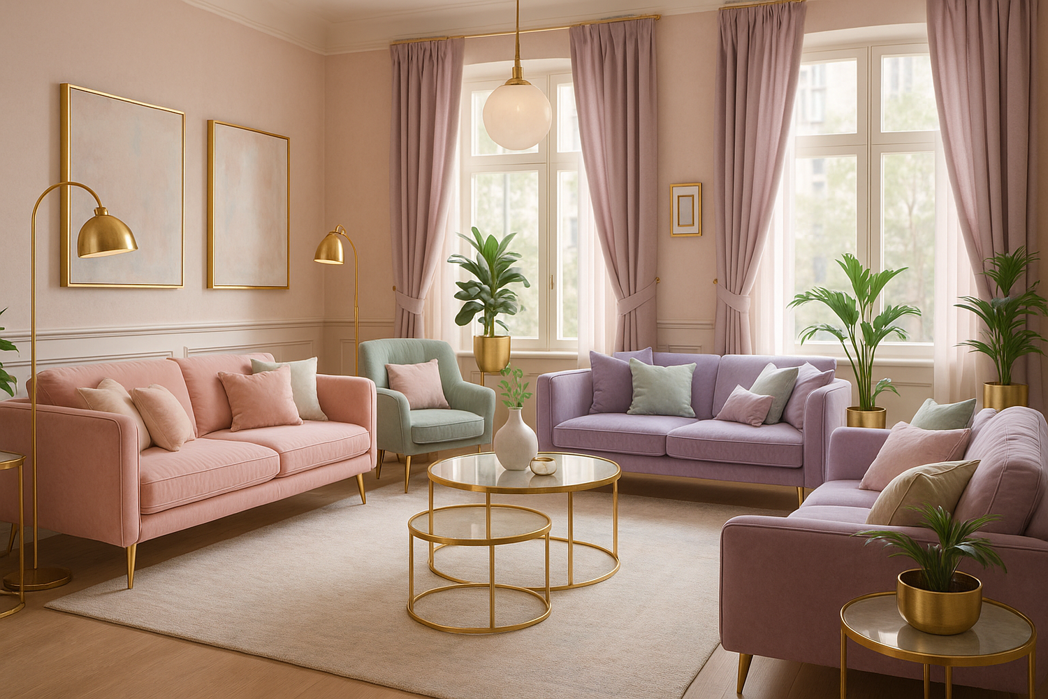design a pastel looking lounge, lush and comfortable with lgreat lighting pastel colors gold finsihes 