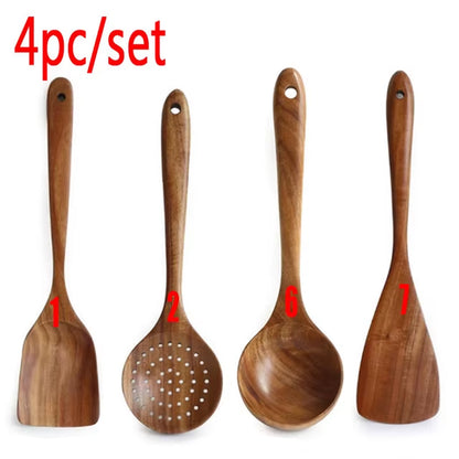 1-7Pc Teak Natural Wood Tableware Spoon Spoon Turner Long Rice Colander Soup Skimmer Cooking Spoon Spoon Kitchen Tool Set