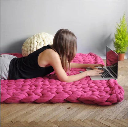 Chunky Merino Wool Blanket Thick Large Yarn Roving Knitted Blanket Winter Warm Plaid Throw Blankets Sofa Bed Blanket